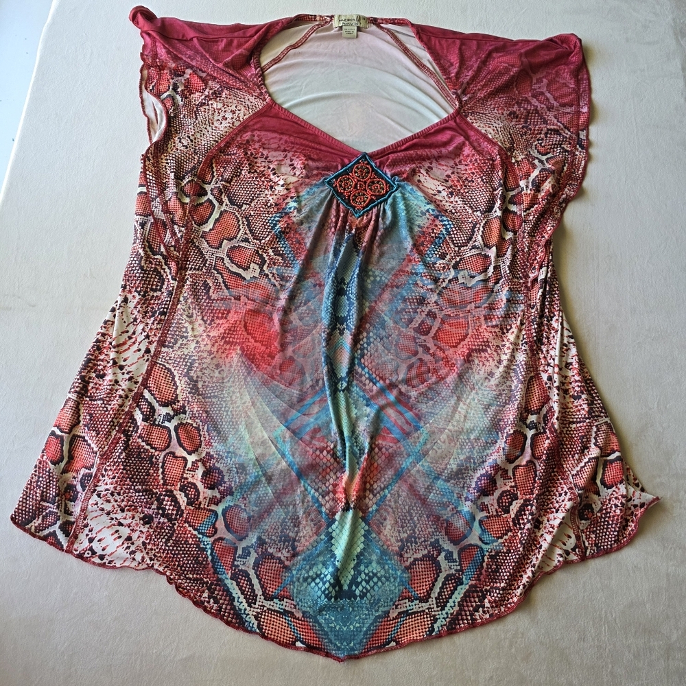 One World Tunic Top Plus Size 3X Boho Orange Teal Geometric V-Neck "Live & Let L